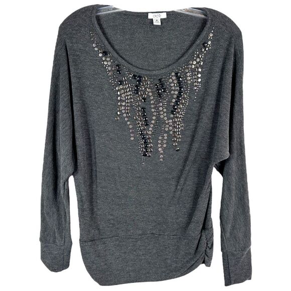 Cache Medium‎ Top Gray Studded Knit Rhinestones Scoop Neck Stretch Women 1338 - Picture 1 of 8